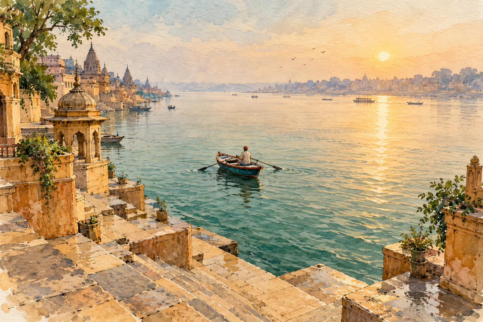 Chandigarh to Varanasi pilgrimage and temples watercolor illustration