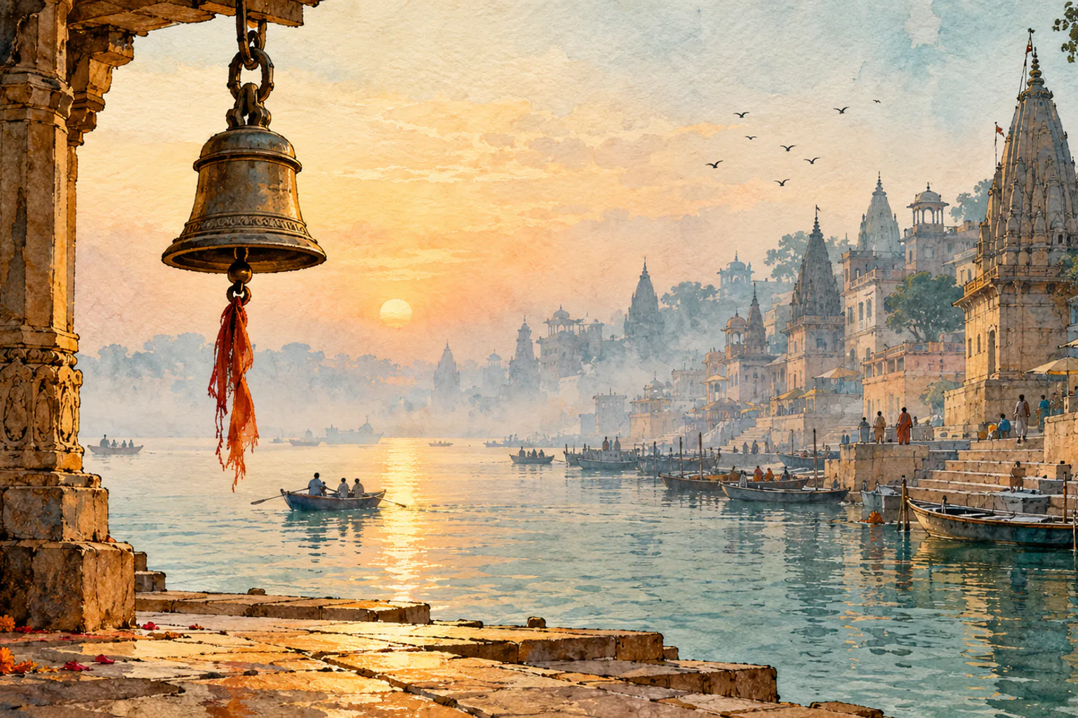 Coimbatore to Varanasi Kashi Yatra watercolor illustration