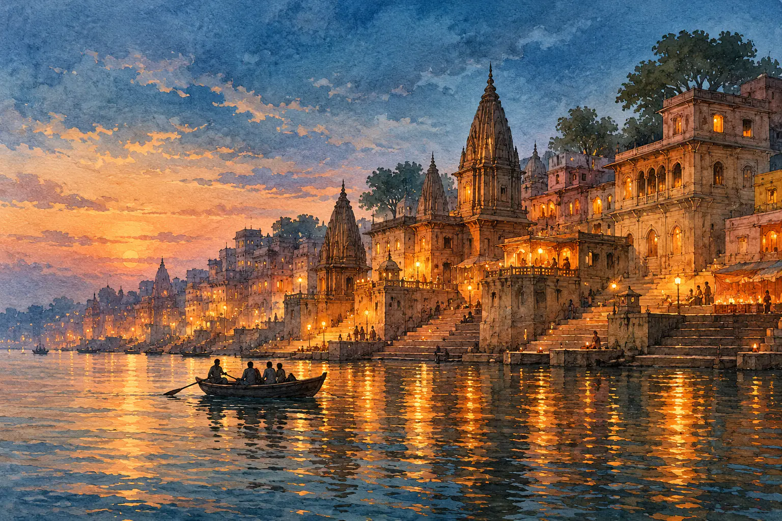 Kochi to Varanasi Kashi Yatra pilgrimage watercolor illustration