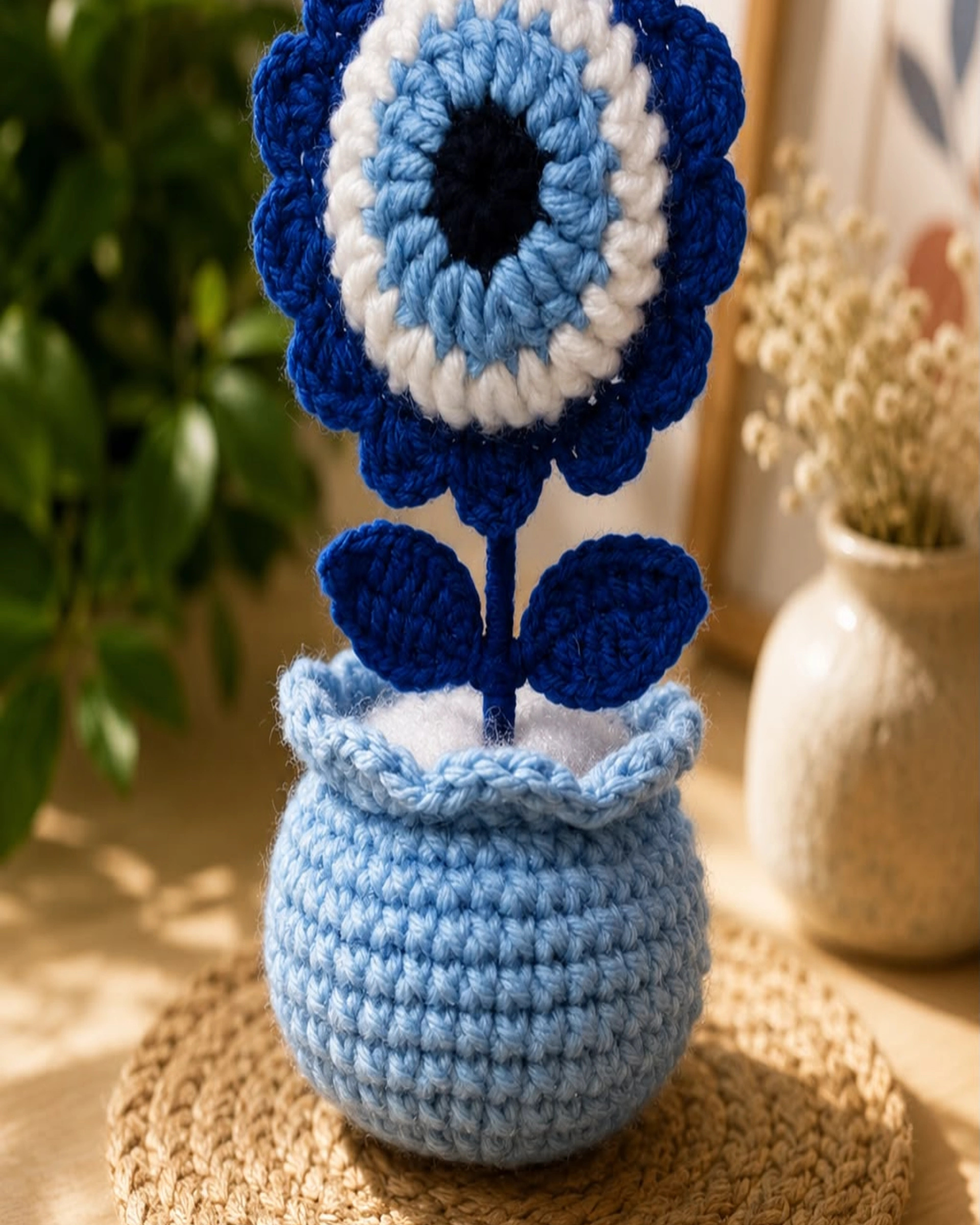 Crochet Blue Daisy Mini Planter