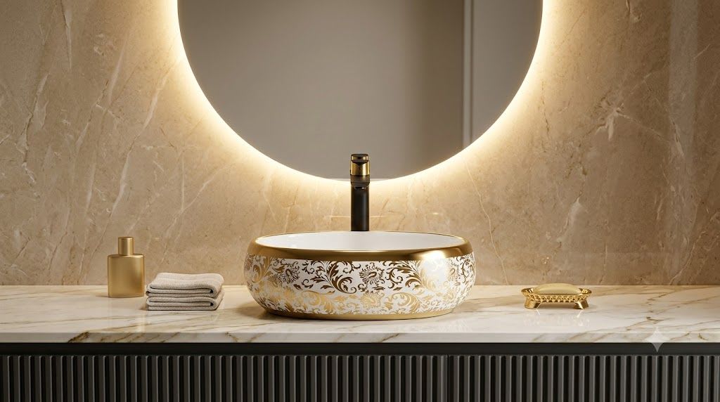Softy 2002 Baroque Damask Floral Gold & Glossy White Oval Table Top Wash Basin