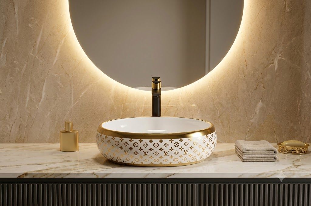 Softy 2003 Luxury Monogram Emblem Gold & Glossy White Oval Table Top Wash Basin