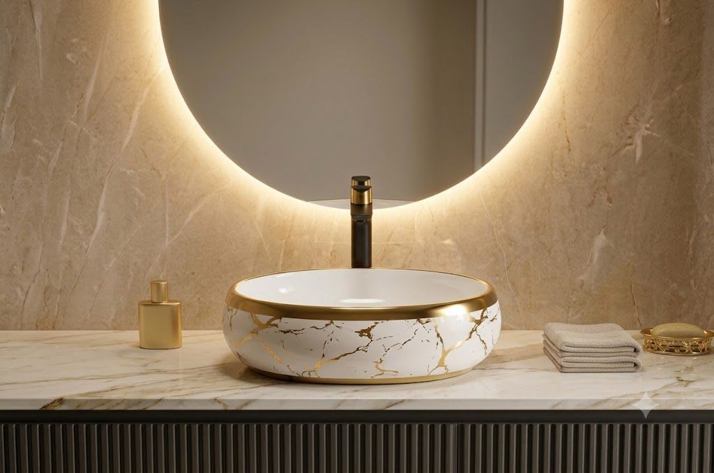 Softy 2005 Luxury Calacatta Gold Marble Texture Glossy White Oval Table Top Wash Basin
