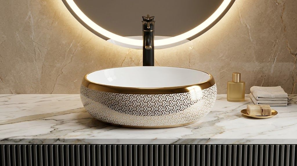 Softy 2009 Geometric Cube Trellis Pattern Gold & Glossy White Oval Table Top Wash Basin