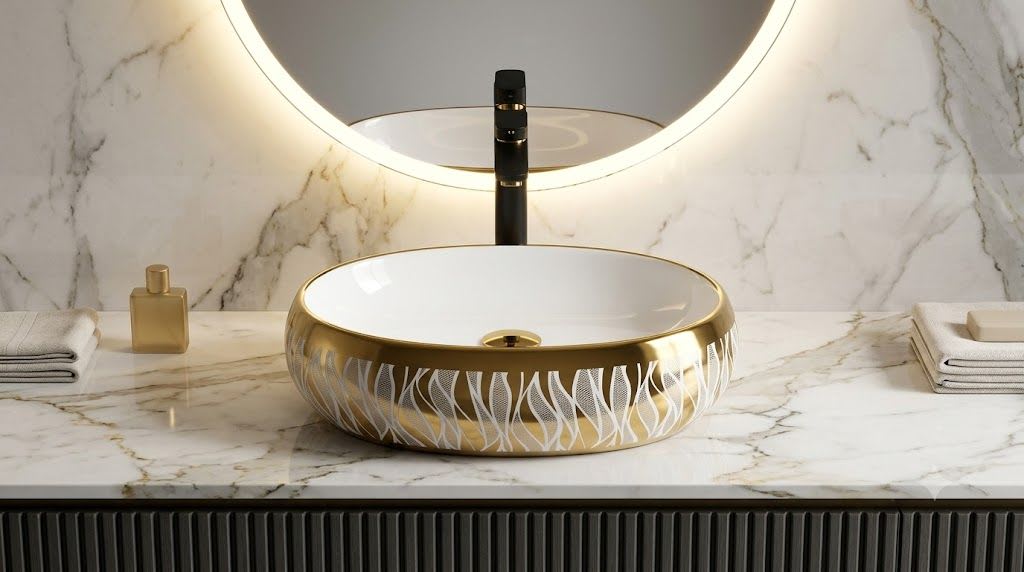 Softy 2013 Abstract Wavy Ribbon Flute Texture Gold & Glossy White Oval Table Top Wash Basin