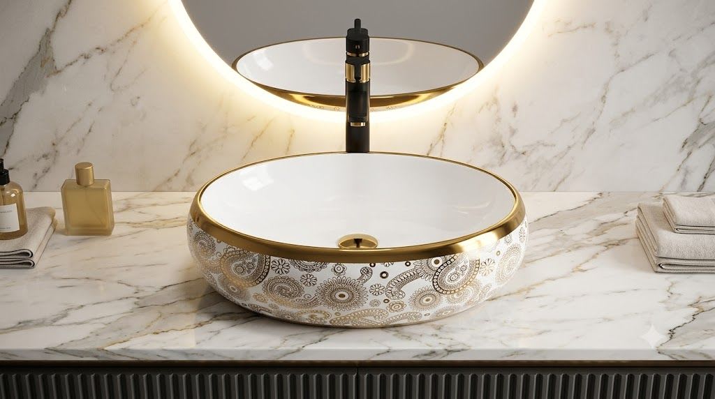 Softy 2017 Intricate Paisley & Mandala Lace Gold & Glossy White Oval Table Top Wash Basin