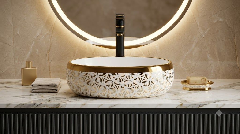 Softy 2020 Art Deco Palm Leaf Fan Scallop Gold & Glossy White Oval Table Top Wash Basin