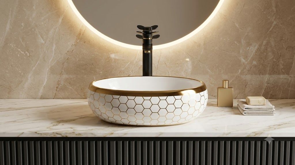 Softy 2018 Modern Honeycomb Hexagon Grid Gold & Glossy White Oval Table Top Wash Basin