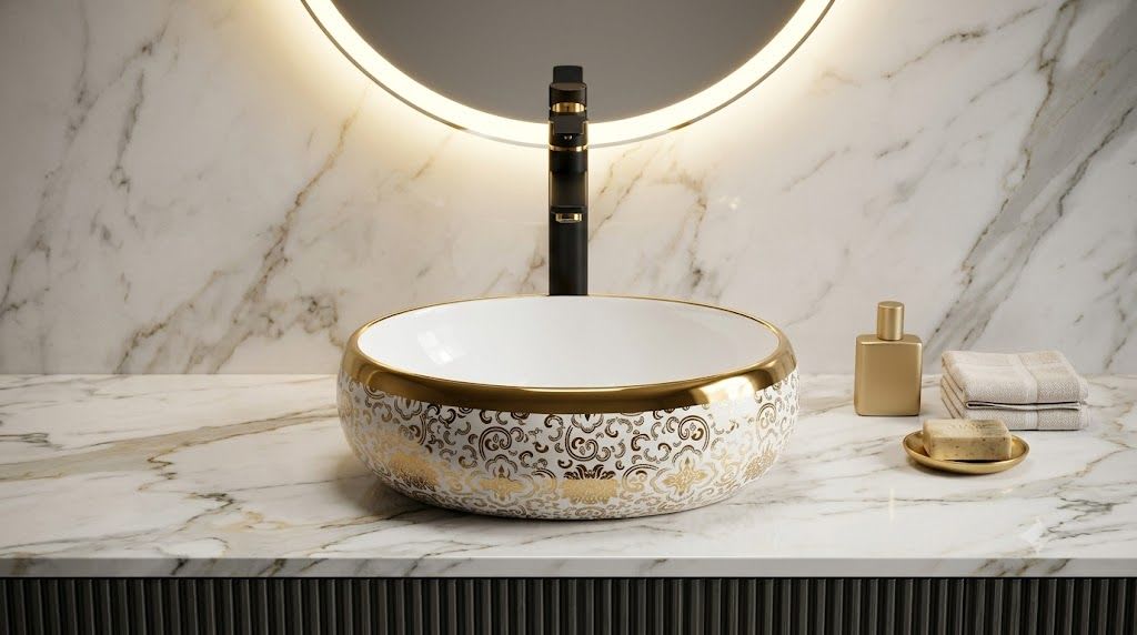 Softy 2019 Baroque Damask Floral Filigree Gold & Glossy White Oval Table Top Wash Basin