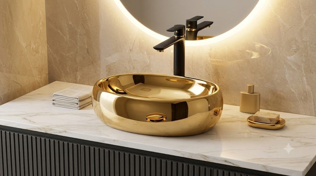 Softy 2000G Full Mirror Metallic Gold Oval Table Top Wash Basin