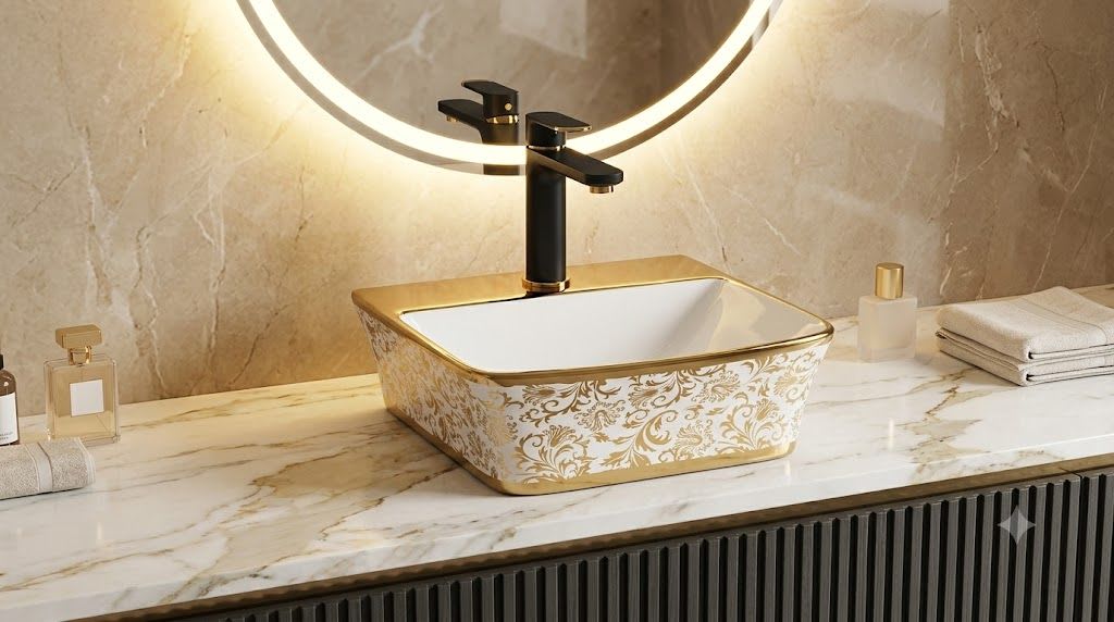 Rock 2002 Baroque Damask Filigree Gold & Glossy White Square Table Top Wash Basin
