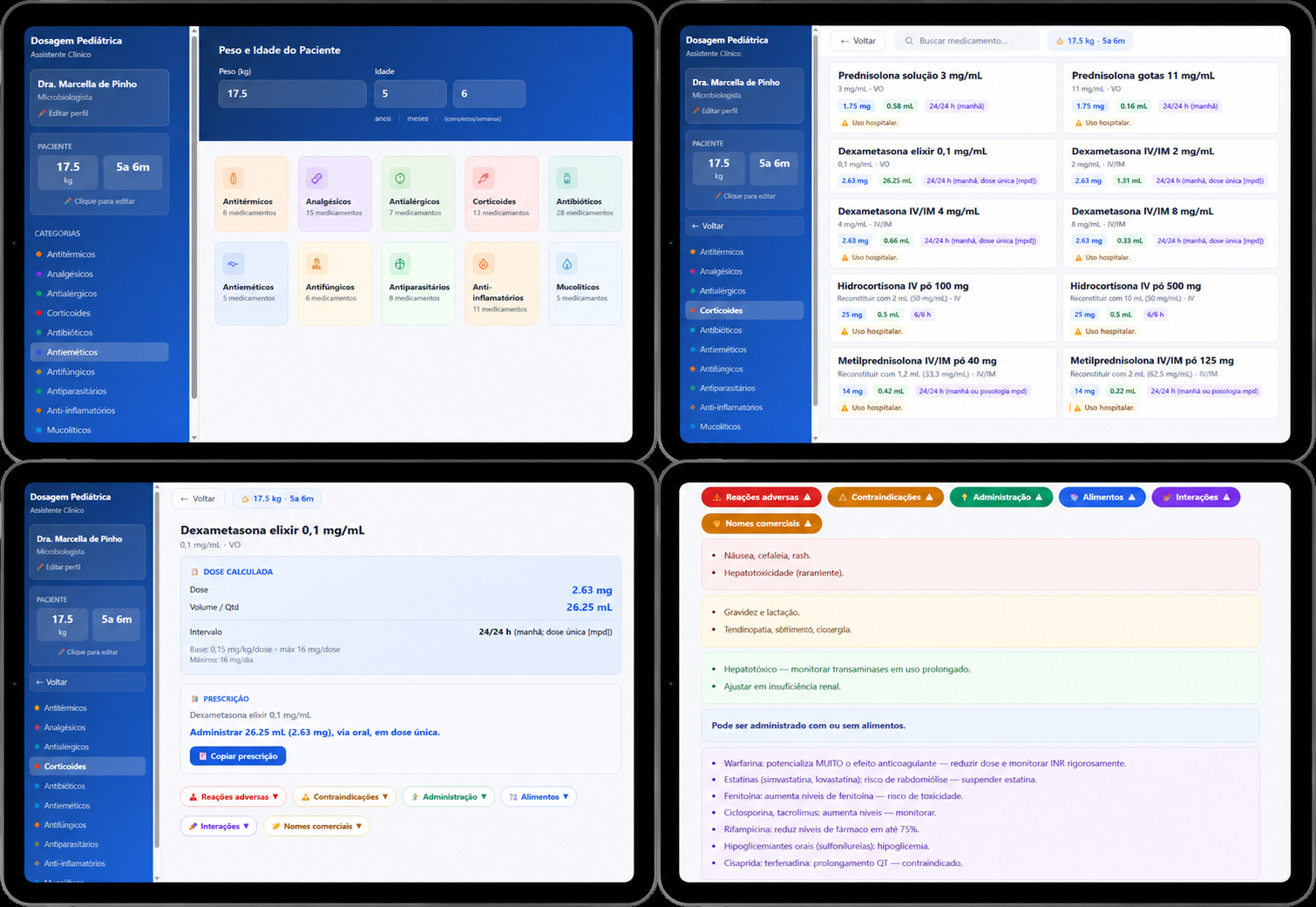 Mockup do Assistente de Dosagem Pediátrica — 4 telas
