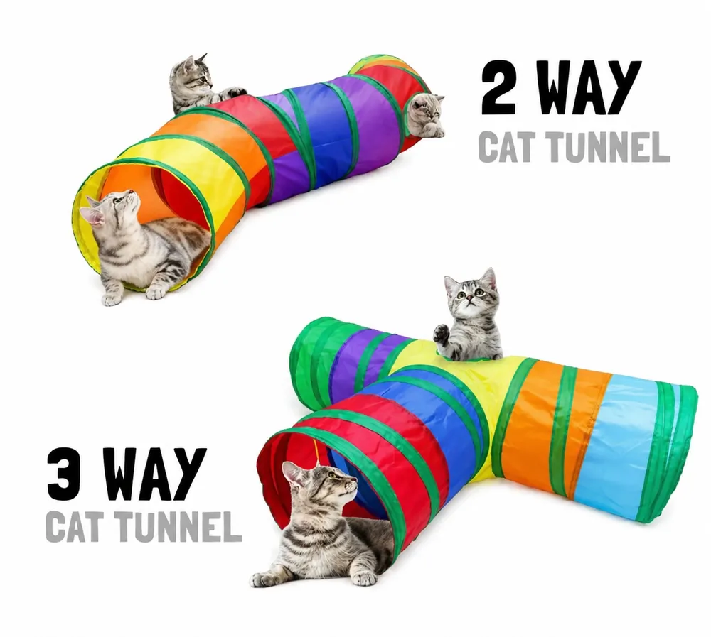 Rainbow Multi-Way Cat Tunnel Play Toy (2-Way & 3-Way Variants by Petmaza