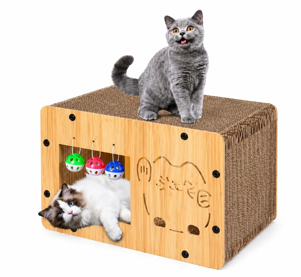 Wooden Cat Scratcher House with Interactive Toy Balls by Petmaza