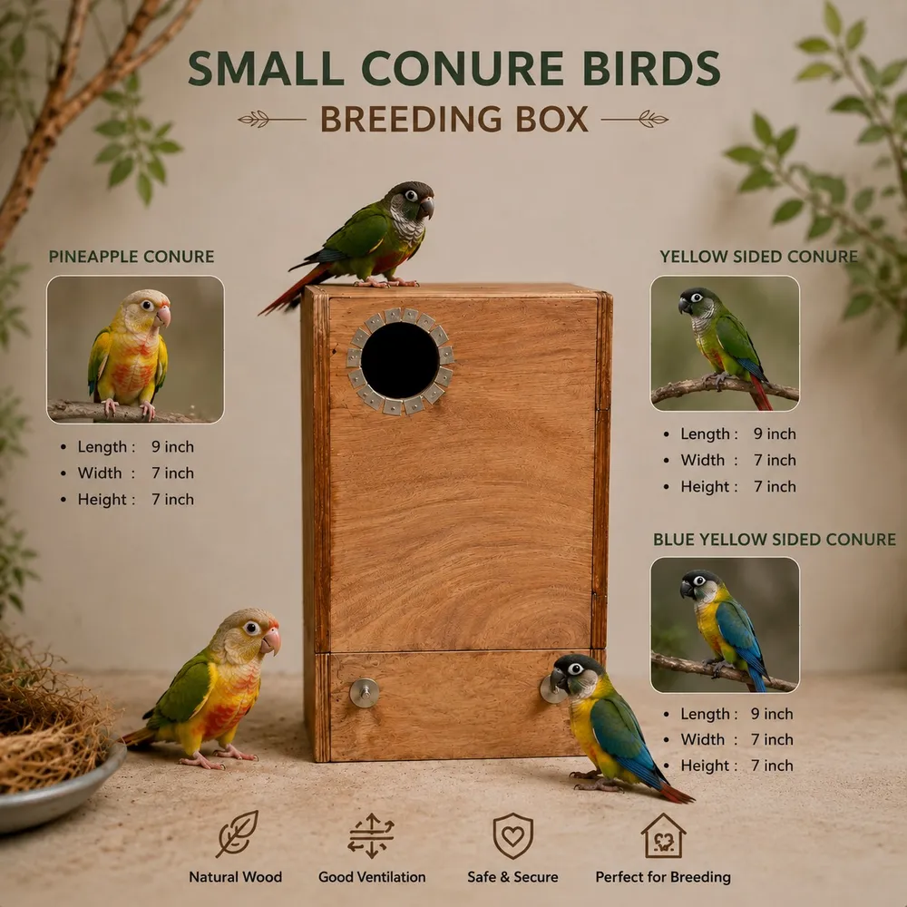 Small conour , pineapple conour, yellow sided conour ,blue  yellow sided conour breeding box lenth-14, hight -10, width -10 by Petmaza