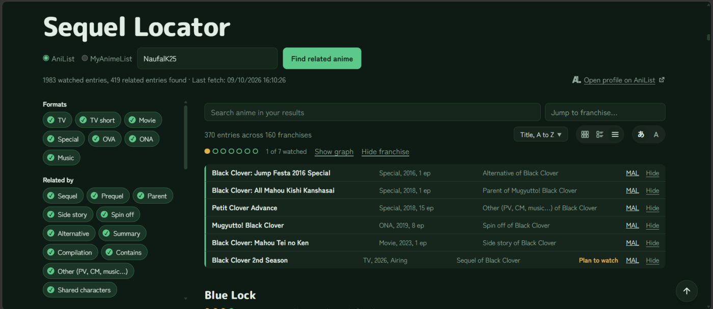 Screenshot of anime-sequel-locator