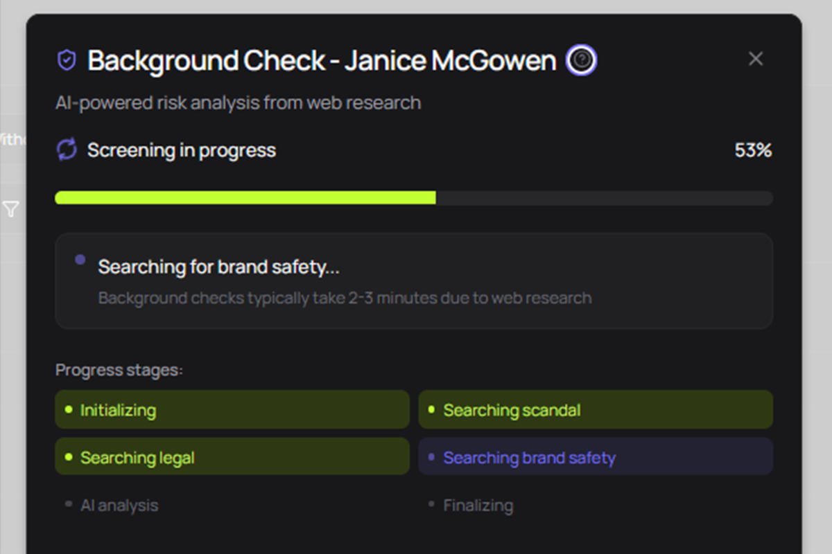 Safety Check AI screening a creator for brand risks