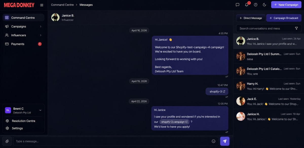 Campaign chat inbox broadcasting a message to multiple creators