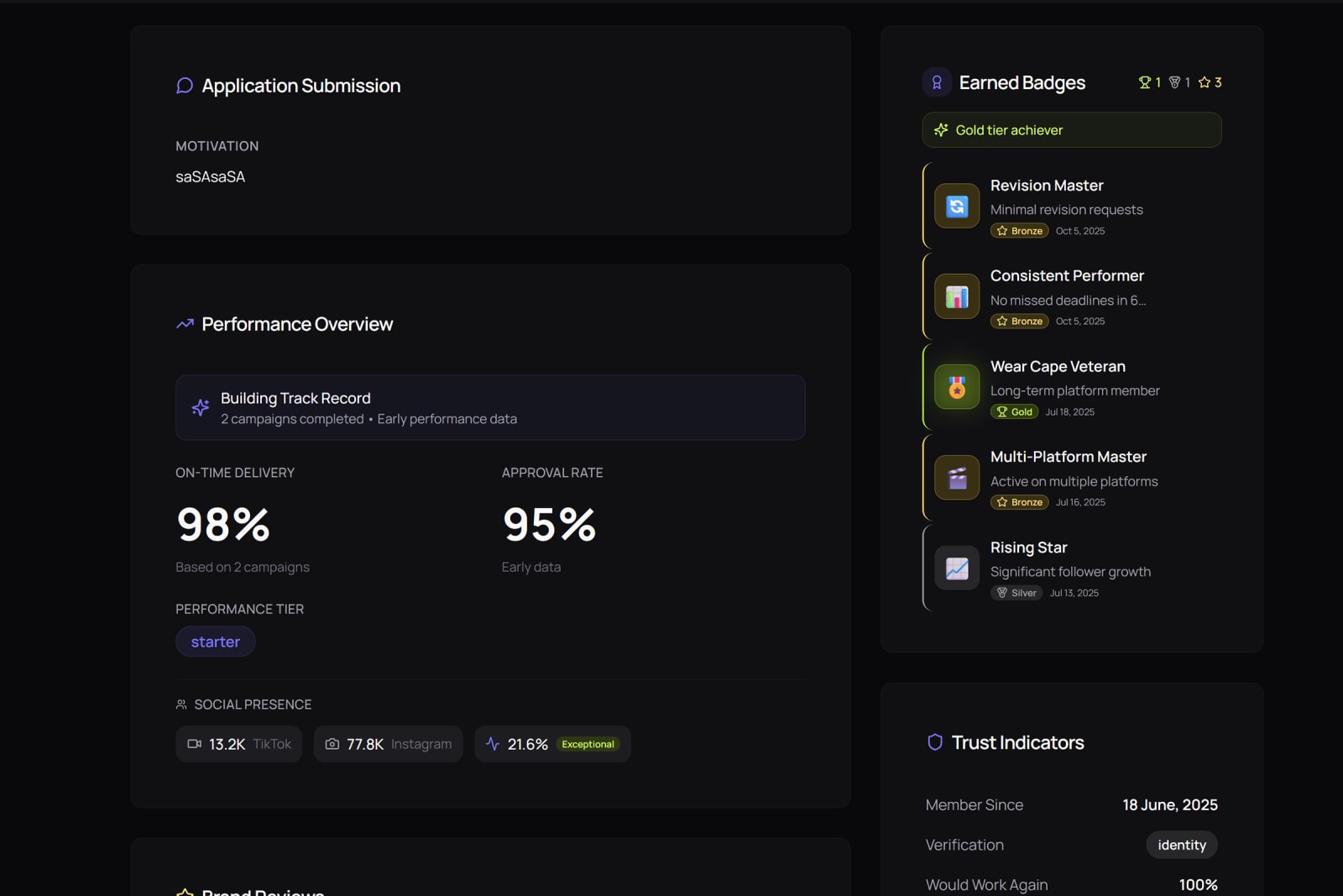 Trust score and verification badges on Mega Donkey showing creator credibility metrics