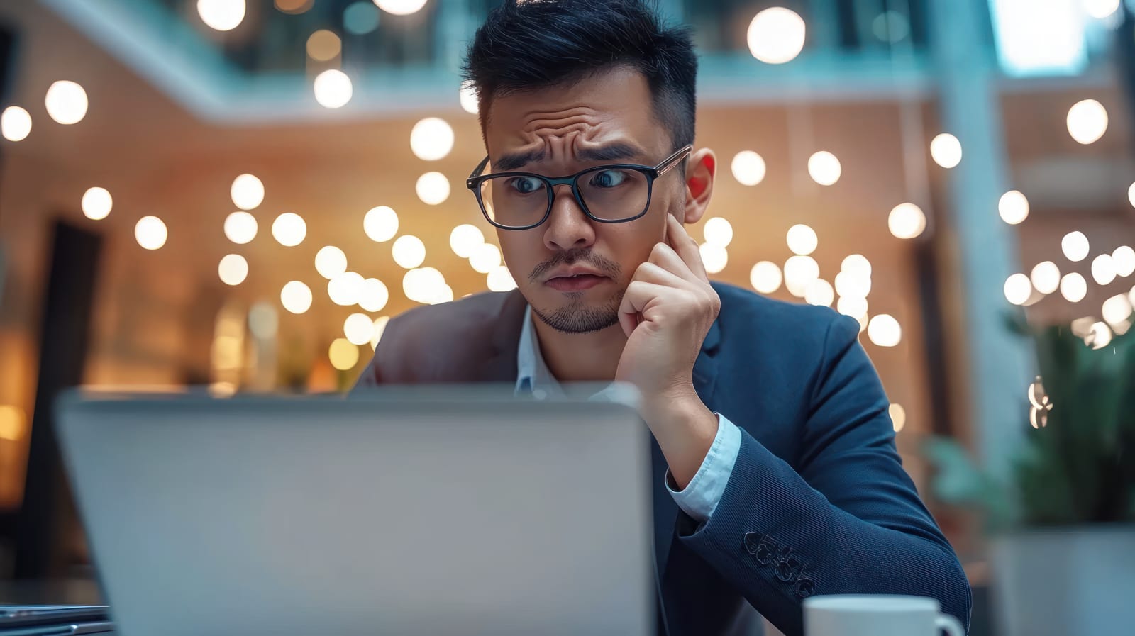 Brand manager looking at a laptop screen with a sceptical expression