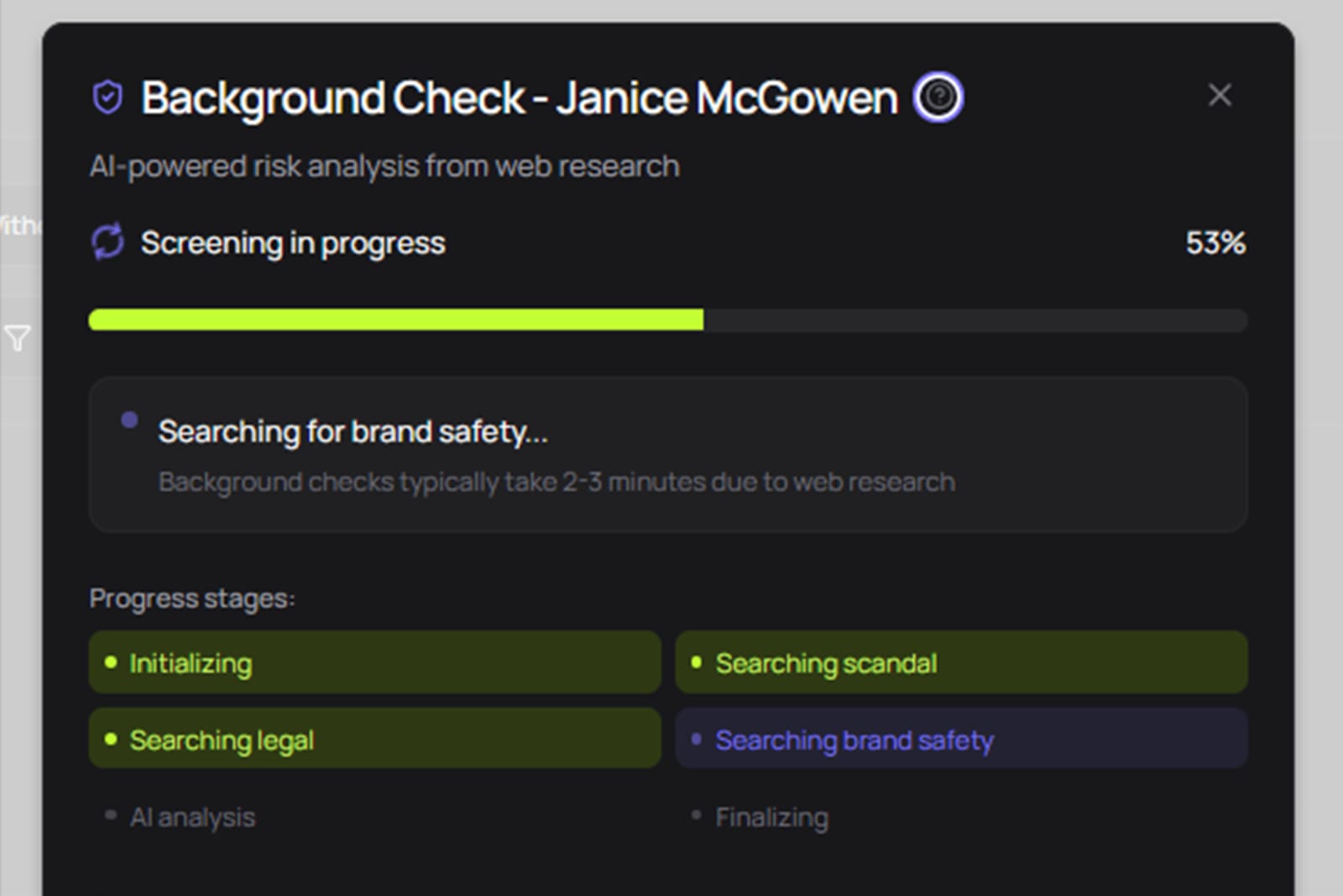 Mega Donkey Safety Check AI screening interface showing risk findings