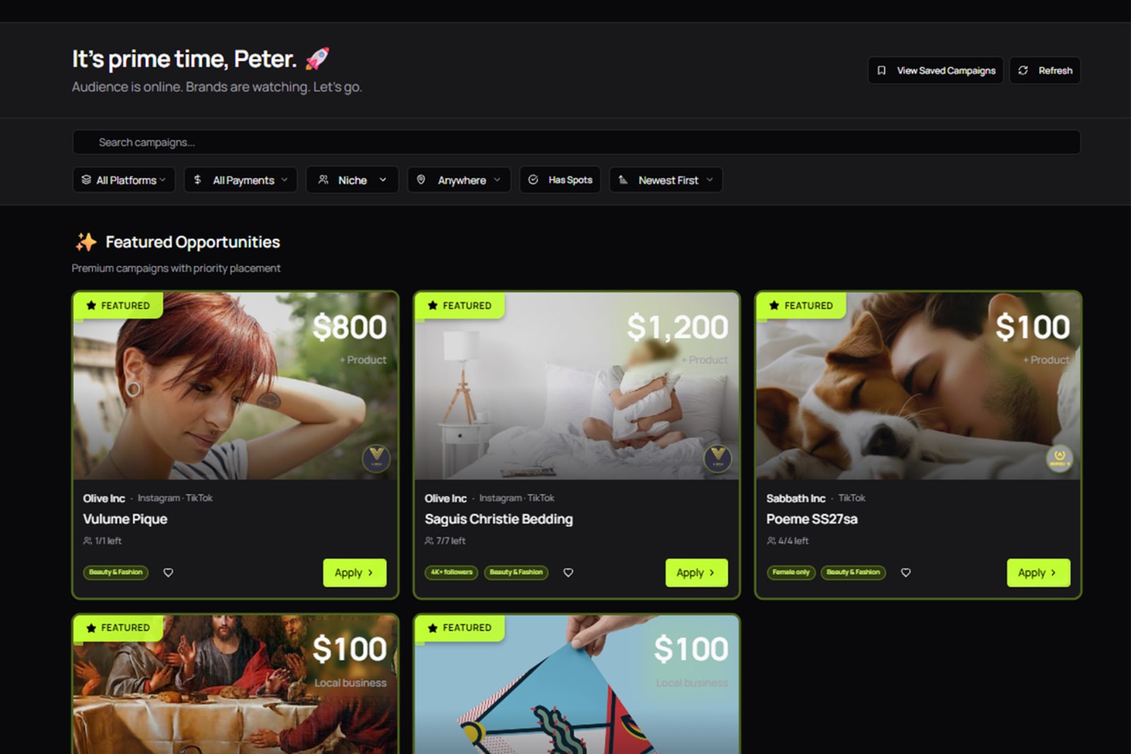 Mega Donkey campaign discovery feed showing paid brand campaigns creators can browse and apply to