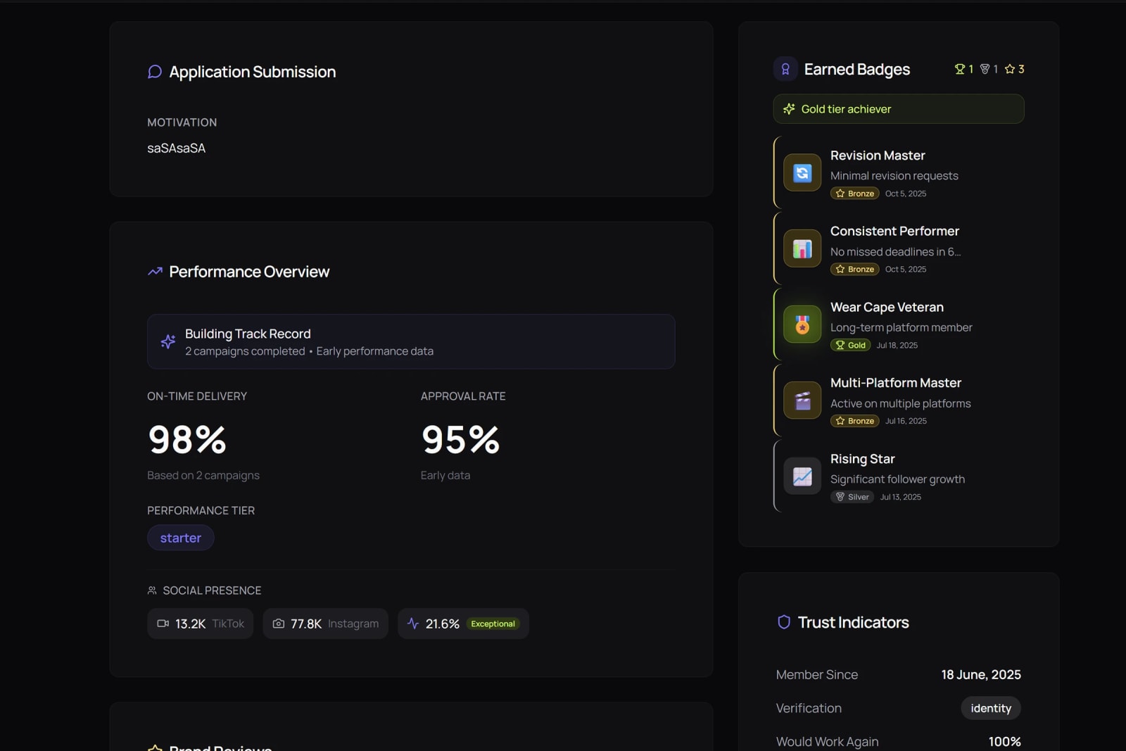 Verified creator trust score and badges showing portable reputation across campaigns