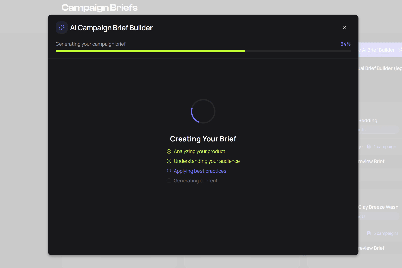 Mega Donkey AI Brief Builder generating campaign requirements from five questions