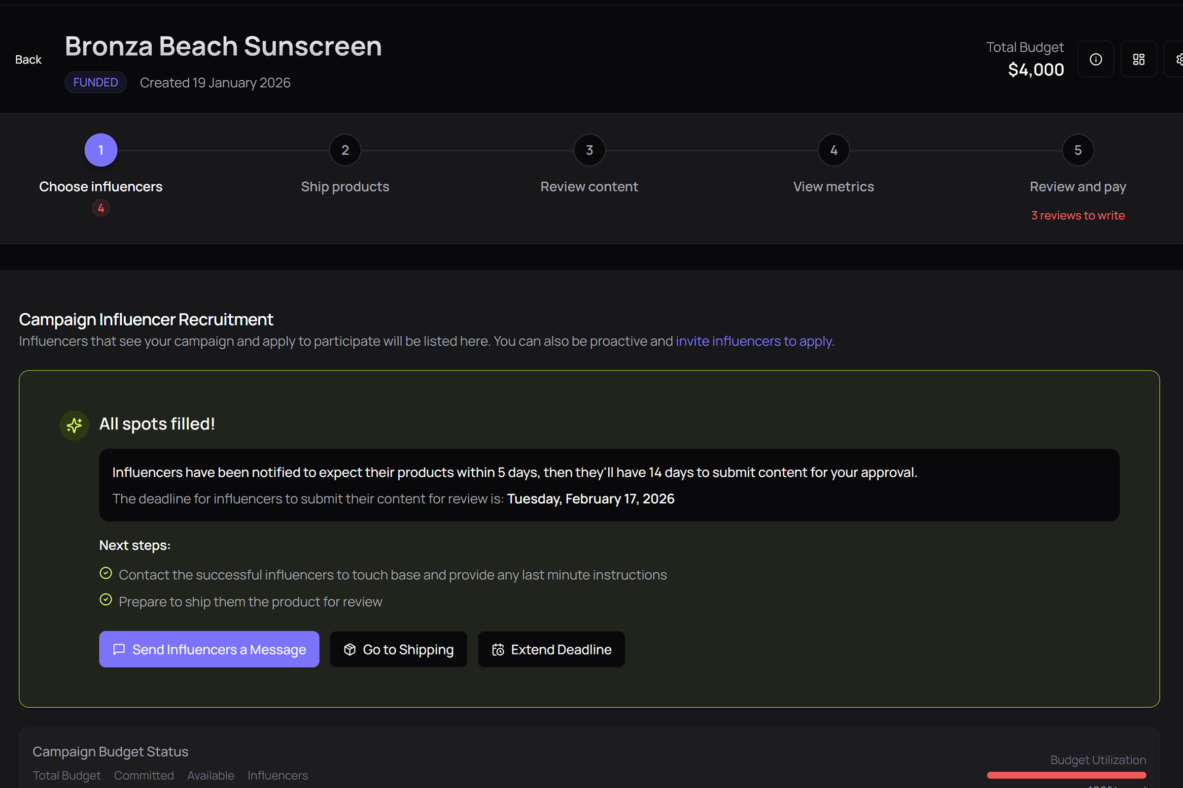Mega Donkey campaign management dashboard showing real-time creator status tracking
