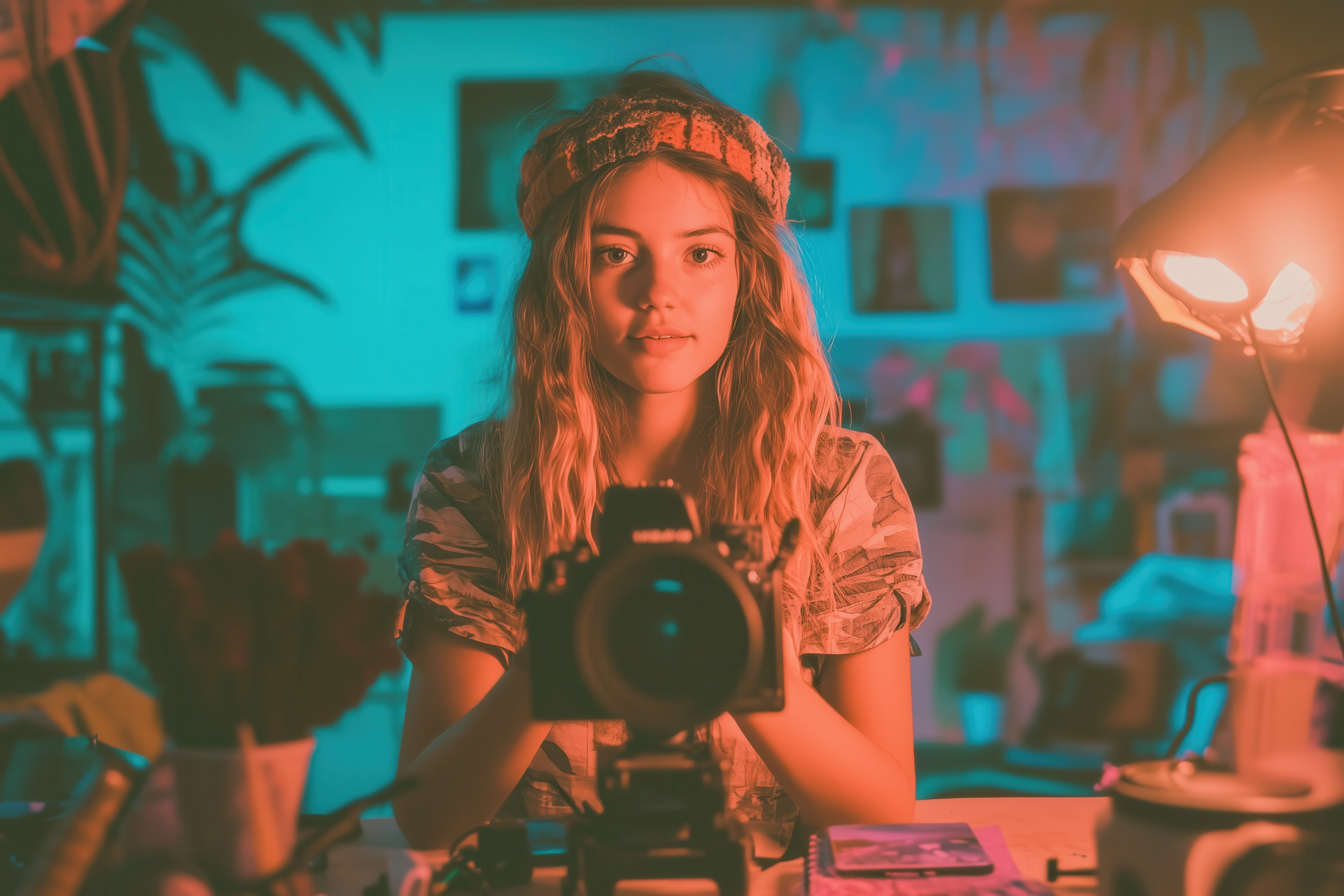 Young content creator with camera setup in home studio — the kind of professional setup brands look for