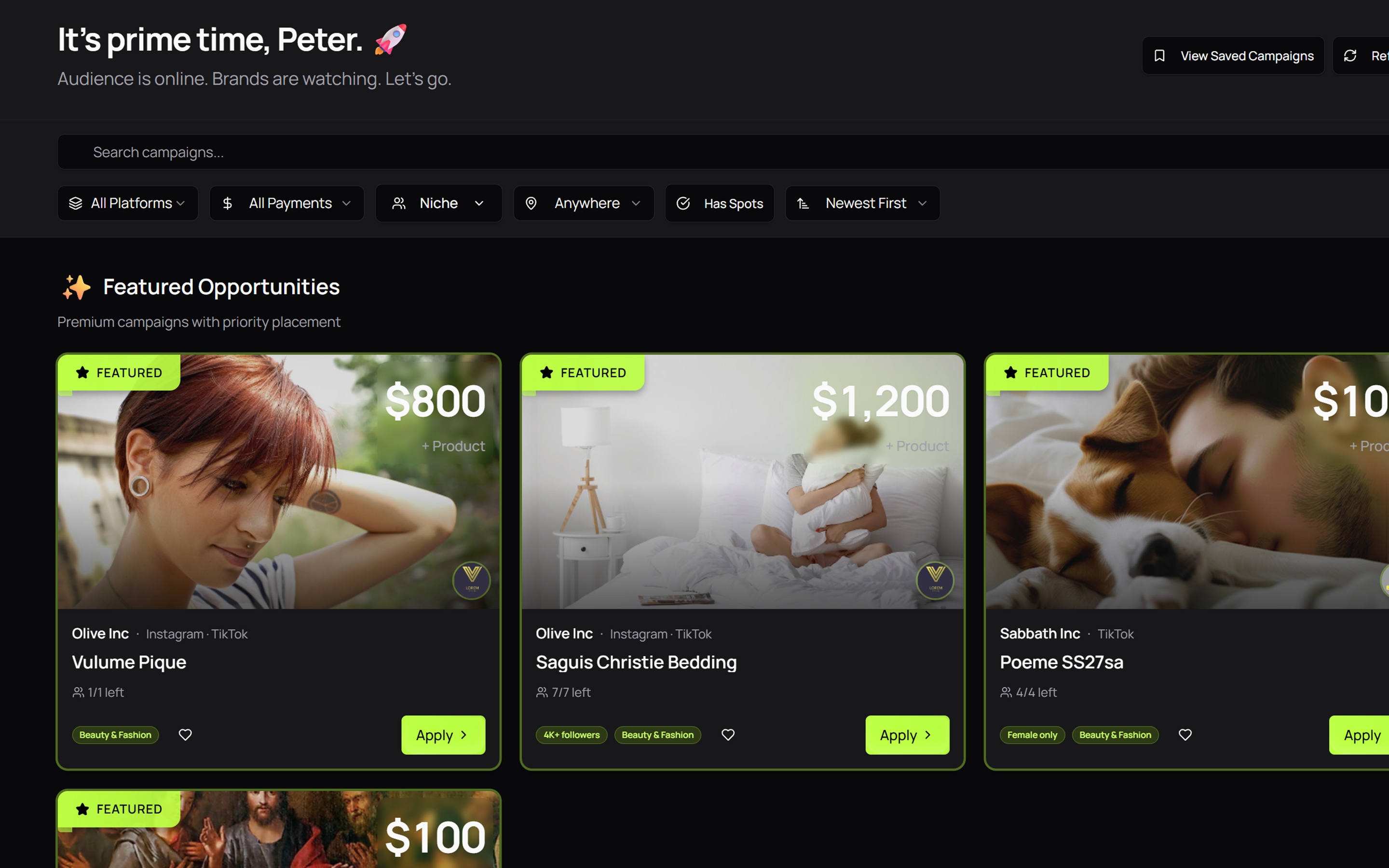 Mega Donkey platform creator view showing available campaigns