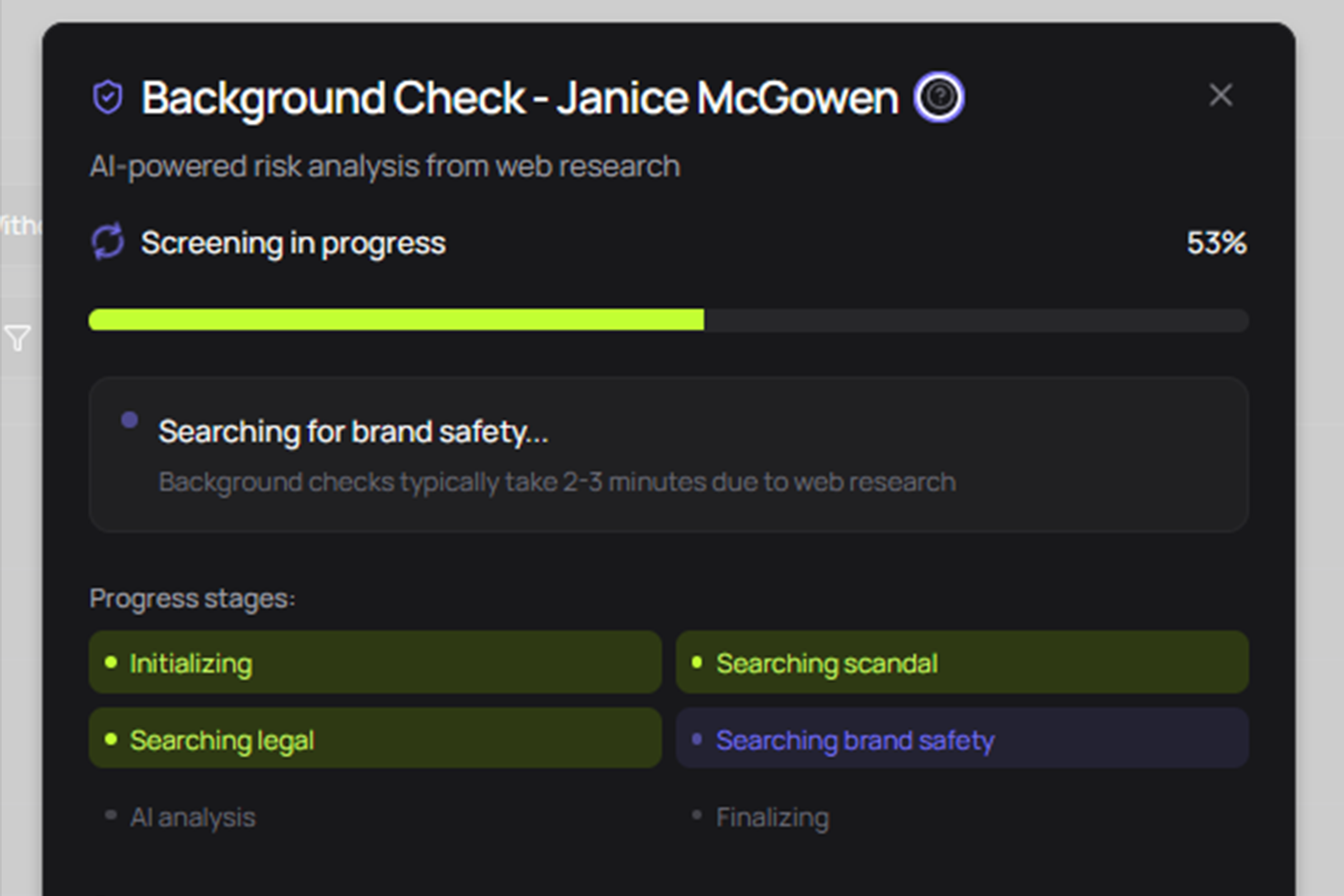 Mega Donkey Safety Check AI screening interface showing risk findings