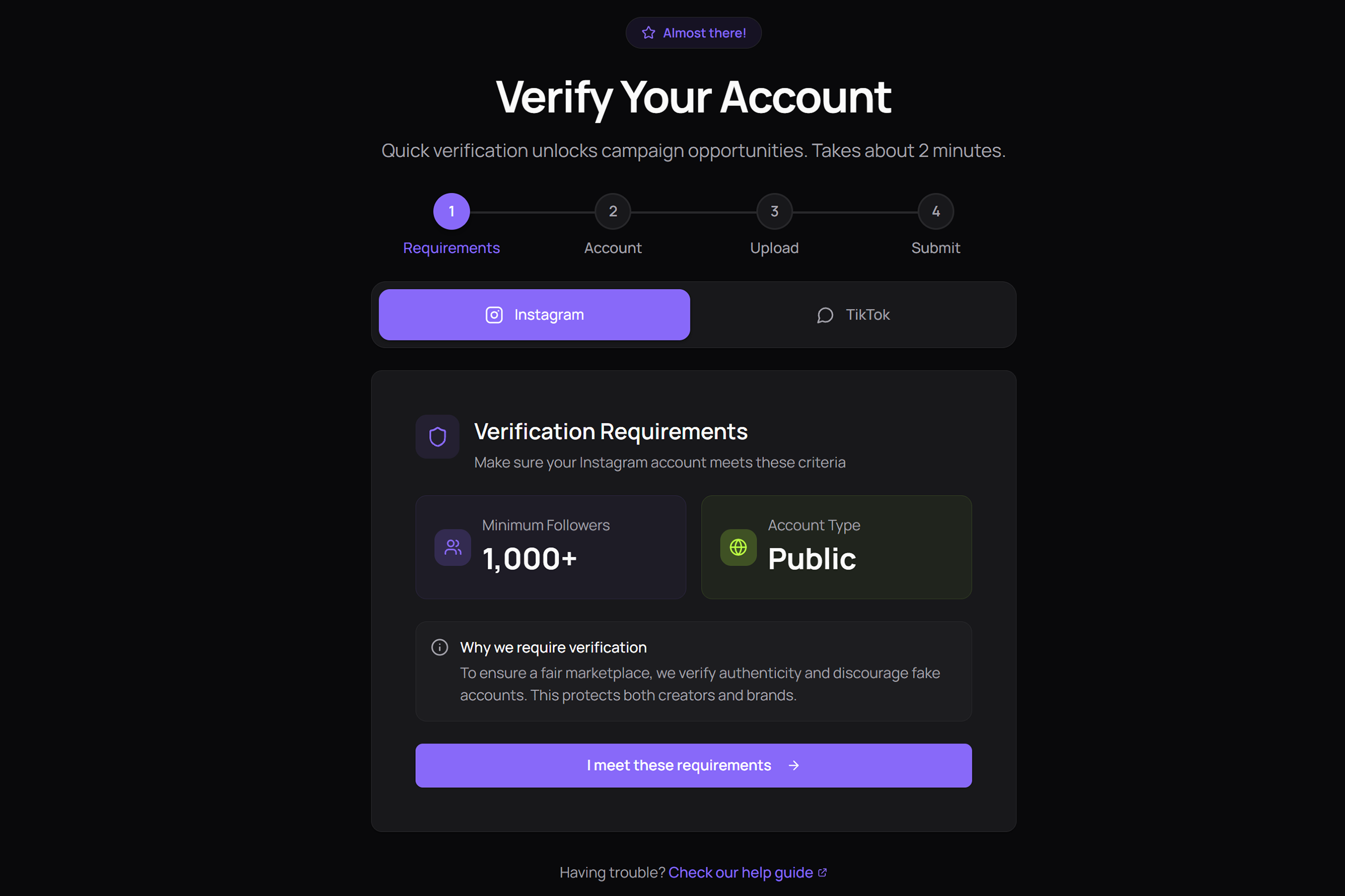 Mega Donkey Influencer Verification flow showing follower and engagement checks
