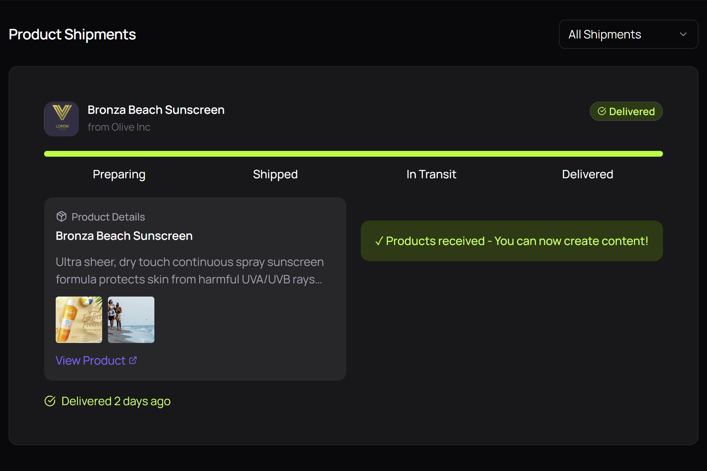 Mega Donkey creator dashboard showing the moment a brand accepts a creator application and payment is held in escrow