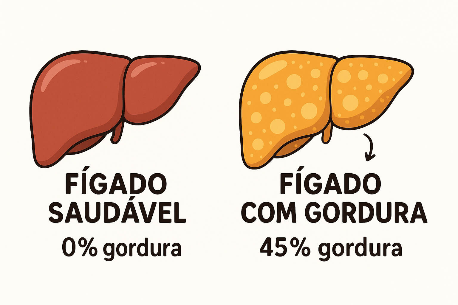 Ilustração médica mostrando um fígado saudável vs fígado com gordura, em comparação lado a lado