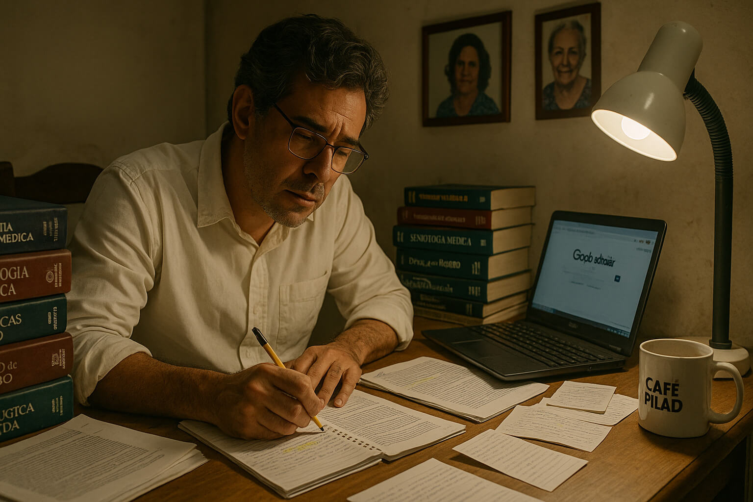 Dr. Pedro em escritório caseiro, rodeado de livros médicos e pesquisas impressas
