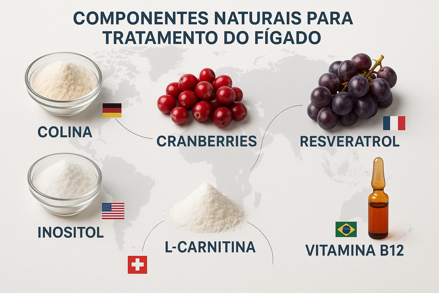 Infográfico mostrando os 6 componentes naturais com suas origens e benefícios
