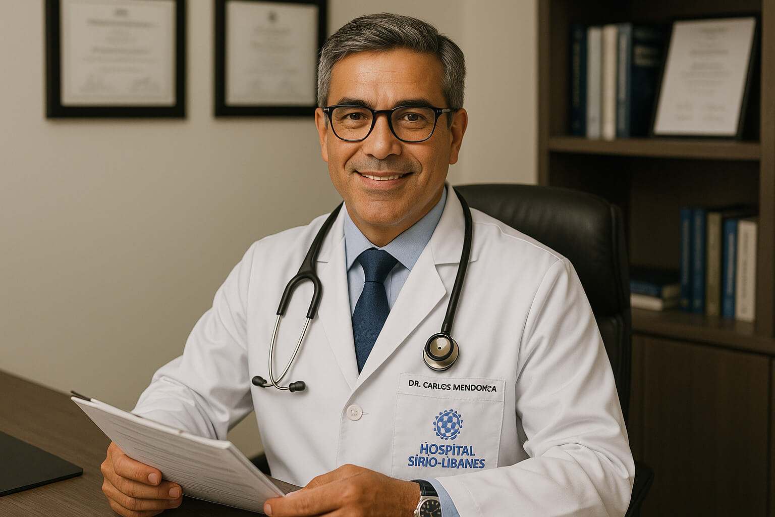 Foto profissional de médico em jaleco branco, em consultório moderno - representando Dr. Carlos Mendonça