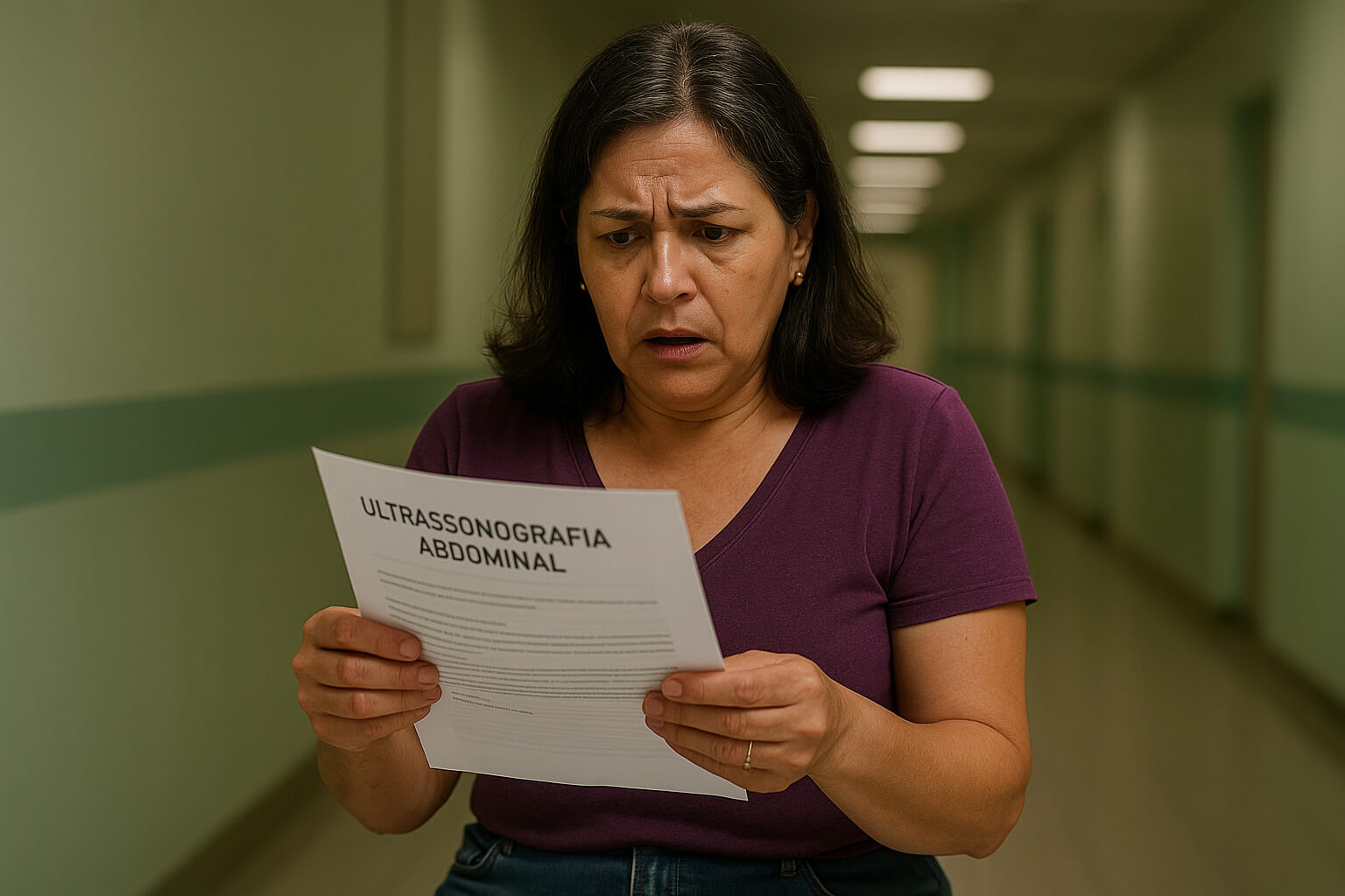 Foto de mulher de meia-idade, aparência preocupada, segurando exames médicos