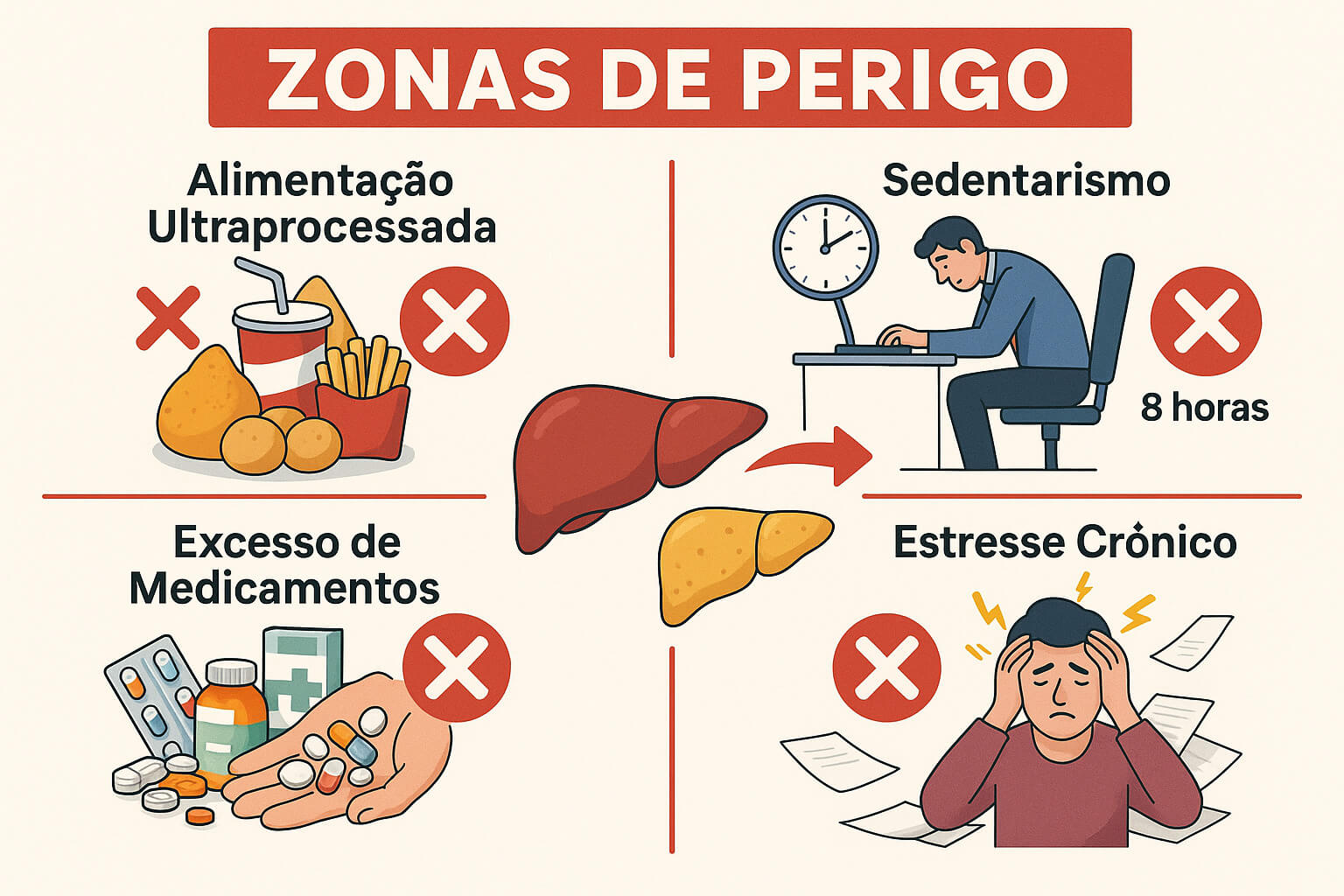 Infográfico ilustrando as 4 causas principais com ícones: fast food, pessoa sentada no escritório, frascos de remédio, pessoa estressada