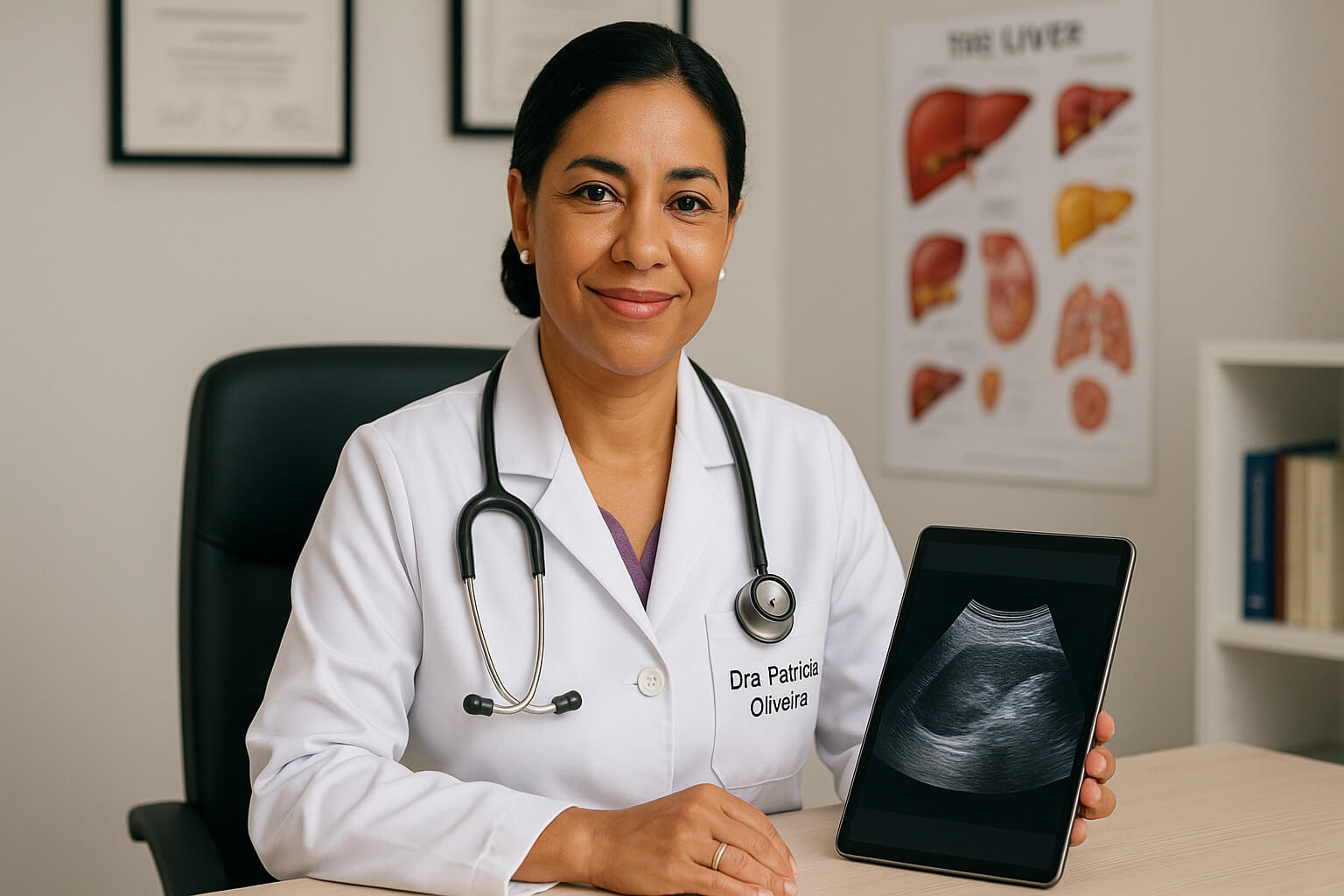 Foto profissional de médica hepatologista em consultório - representando Dra. Patricia Oliveira