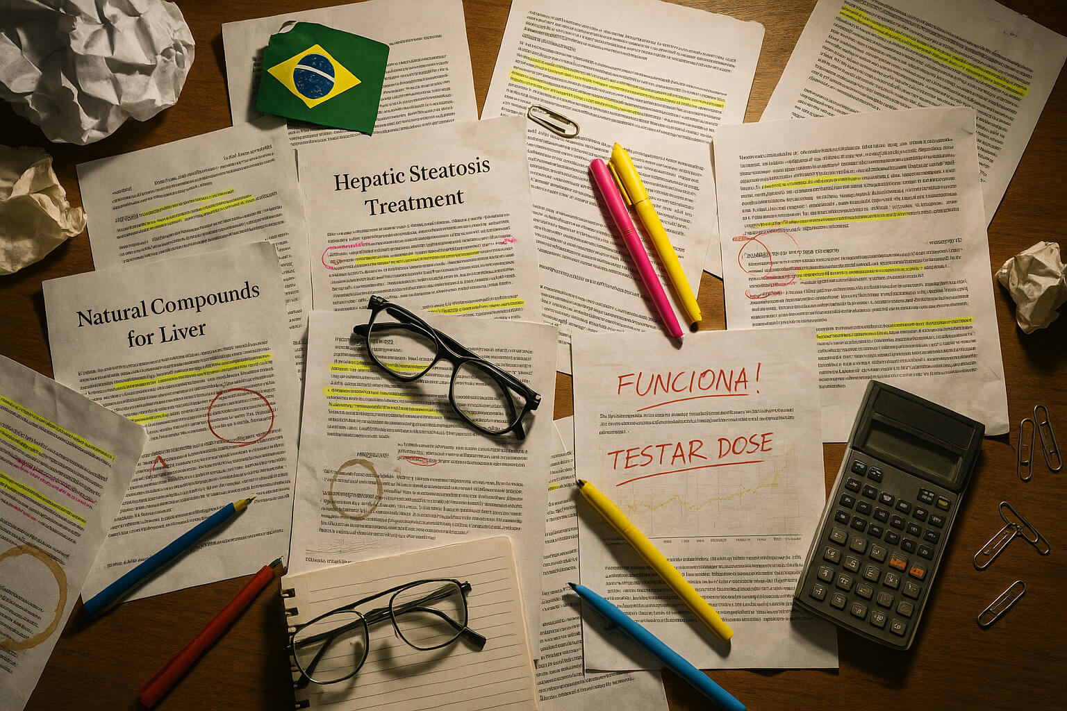 Mesa com estudos científicos espalhados, marcações em destaque