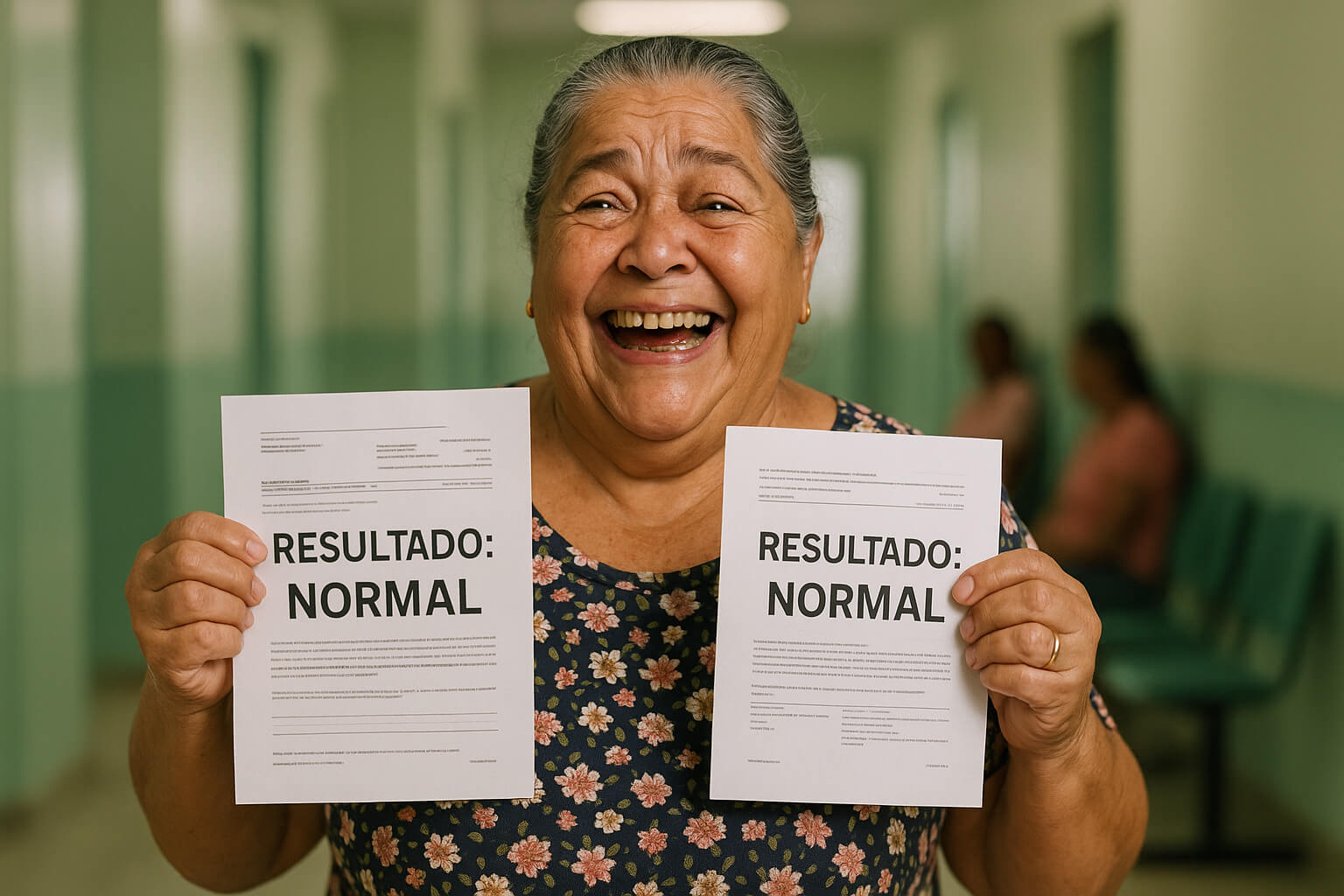 Senhora idosa sorridente mostrando exames médicos com alegria