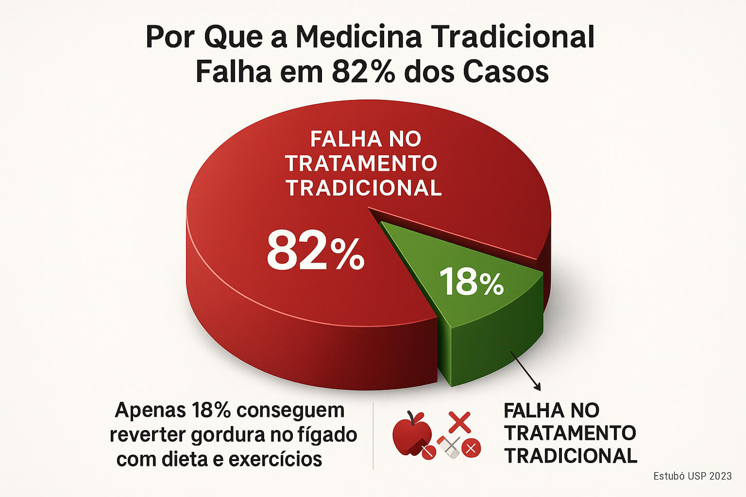 Gráfico tipo pizza mostrando 82% de falha vs 18% de sucesso no tratamento tradicional