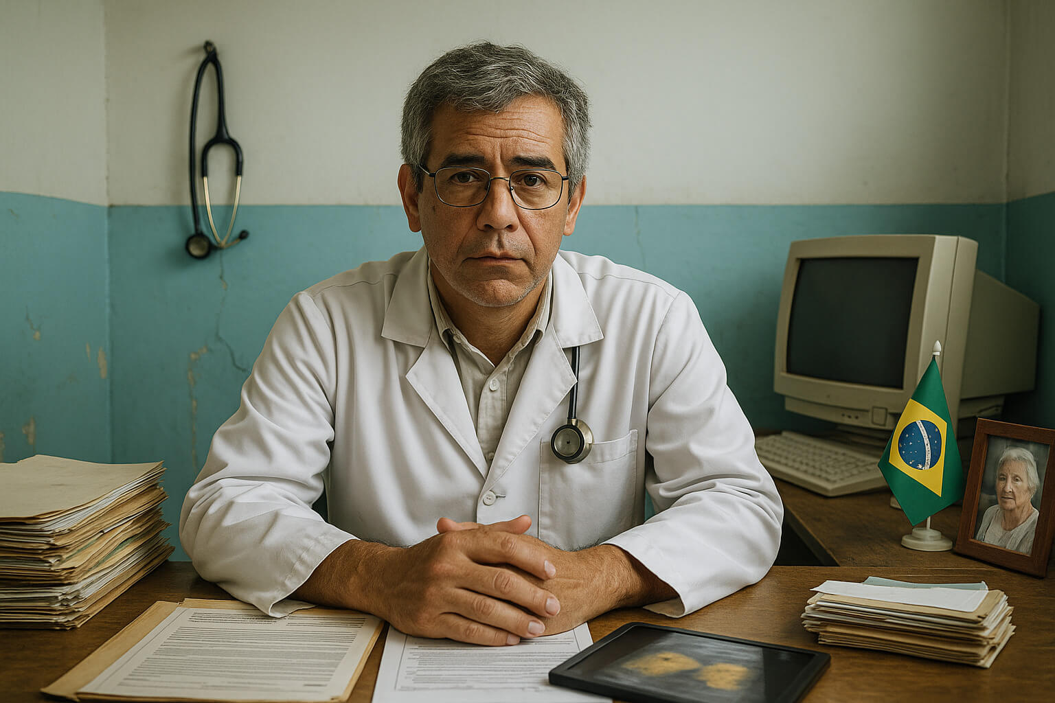 Foto de médico experiente, cerca de 60 anos, jaleco simples, em posto de saúde - Dr. Pedro Afonso