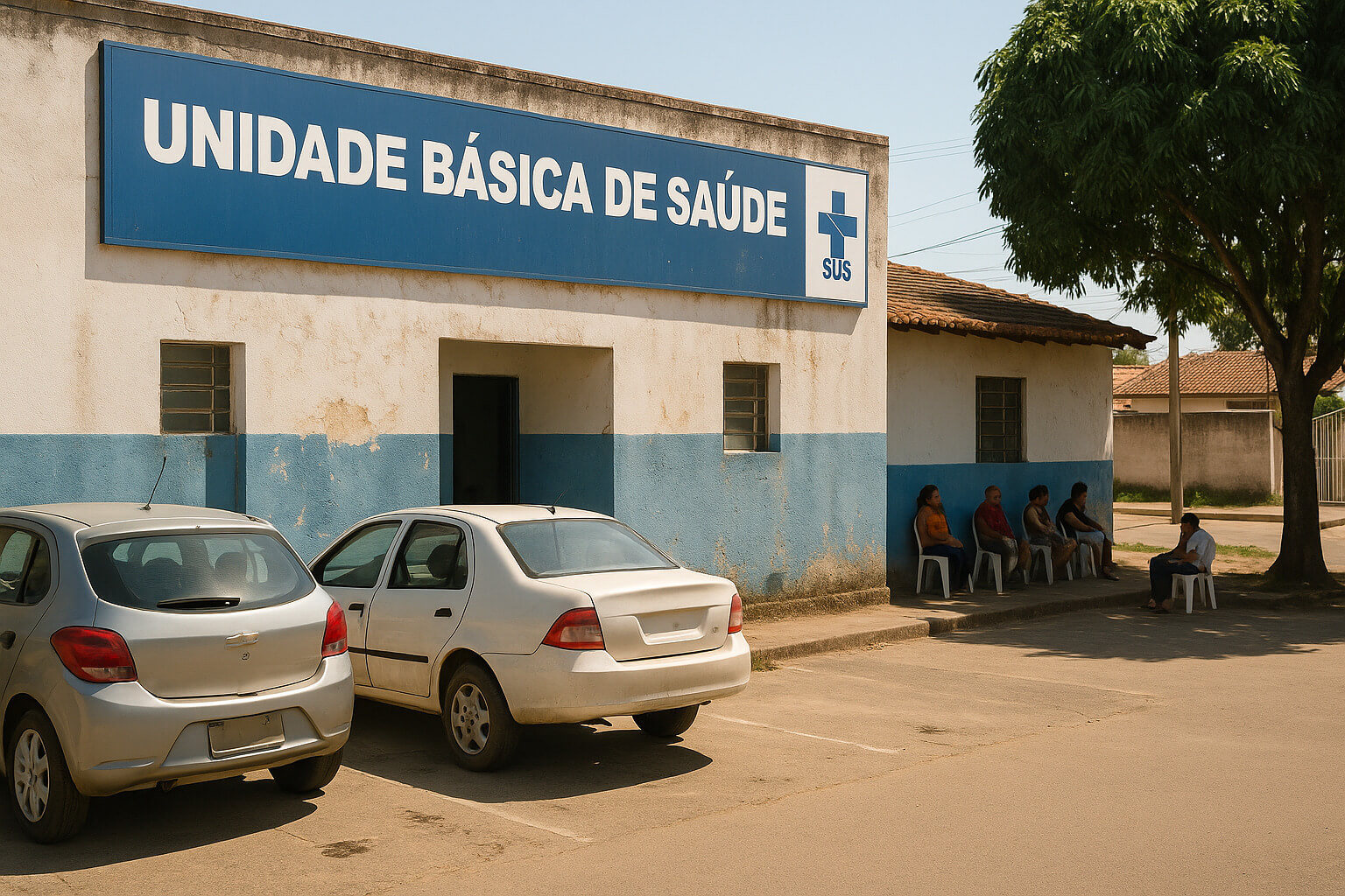 Posto de saúde simples do SUS, fachada com placa do governo