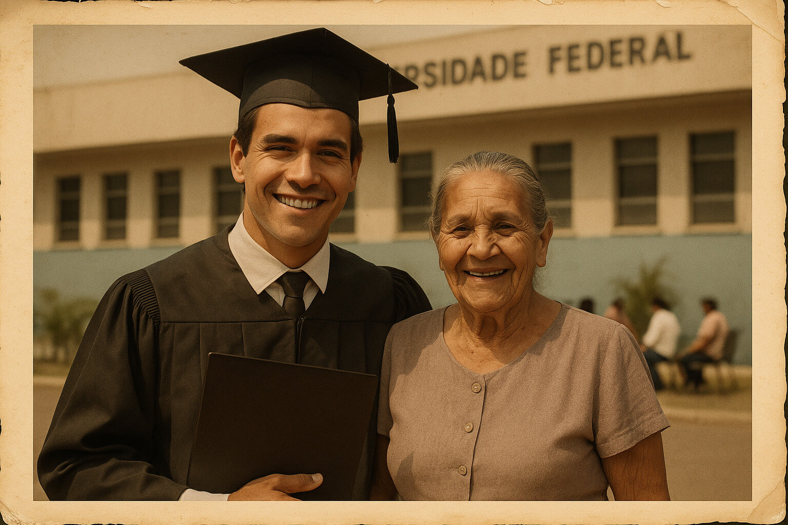 Foto antiga, tipo anos 90, mostrando Dr. Pedro jovem ao lado de sua mãe idosa