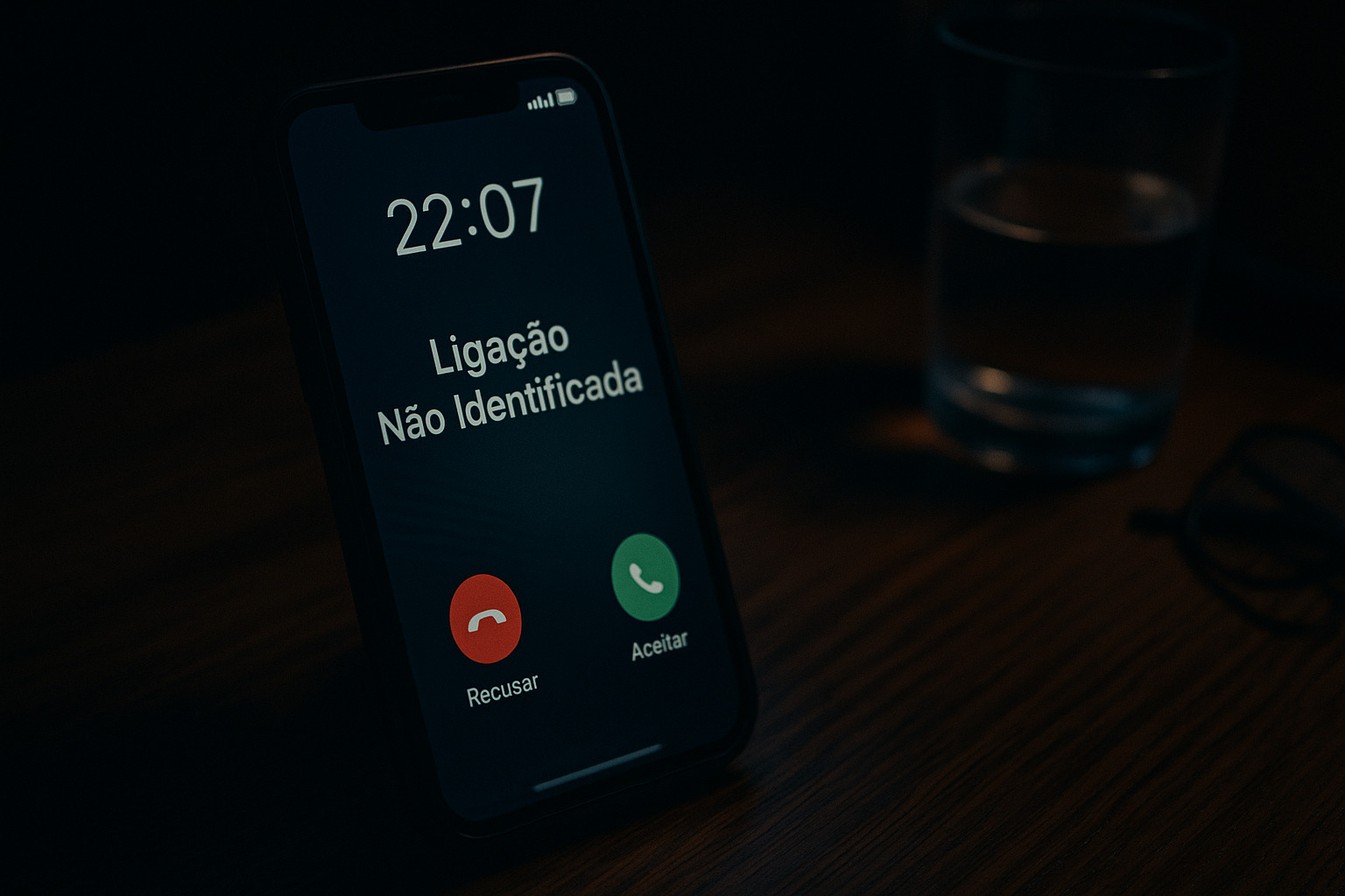 Tela de celular mostrando ligação não identificada às 22:00