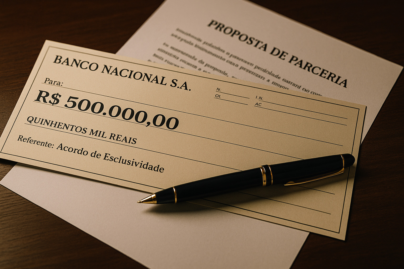 Cheque ou transferência bancária mostrando valor de R$ 500.000,00