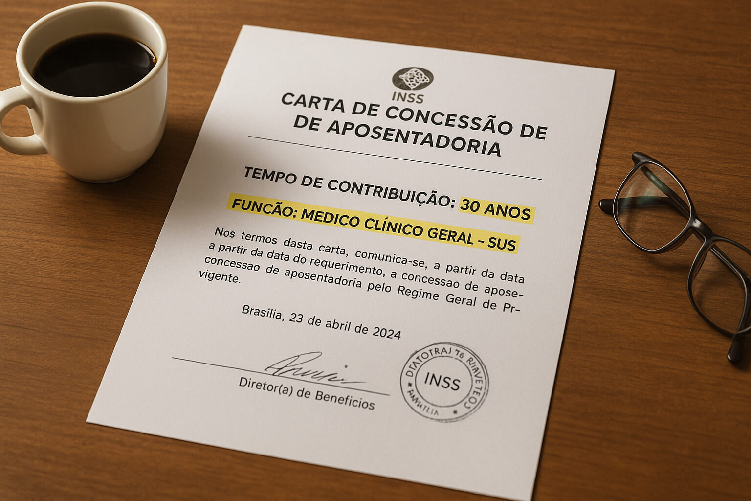Documento de aposentadoria do INSS com carimbo oficial